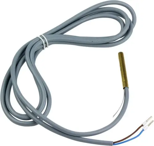 Bosch Temperaturfühler mit grauem Kabel und metallischem Sensor. Drei Aderleitungen in Blau, Braun und Weiß sind sichtbar.